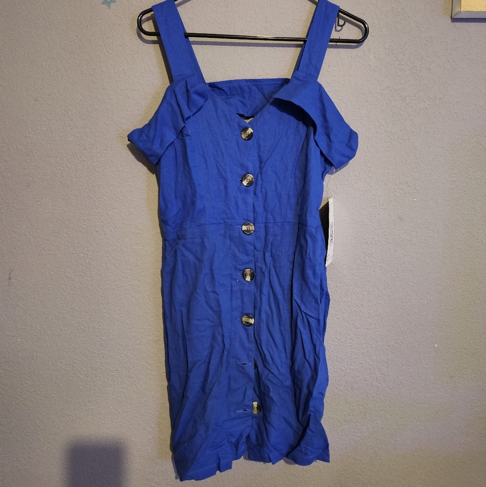 🆕️ EMERALD SUNDAE Royal Blue Linen Cold Shoulder Dress